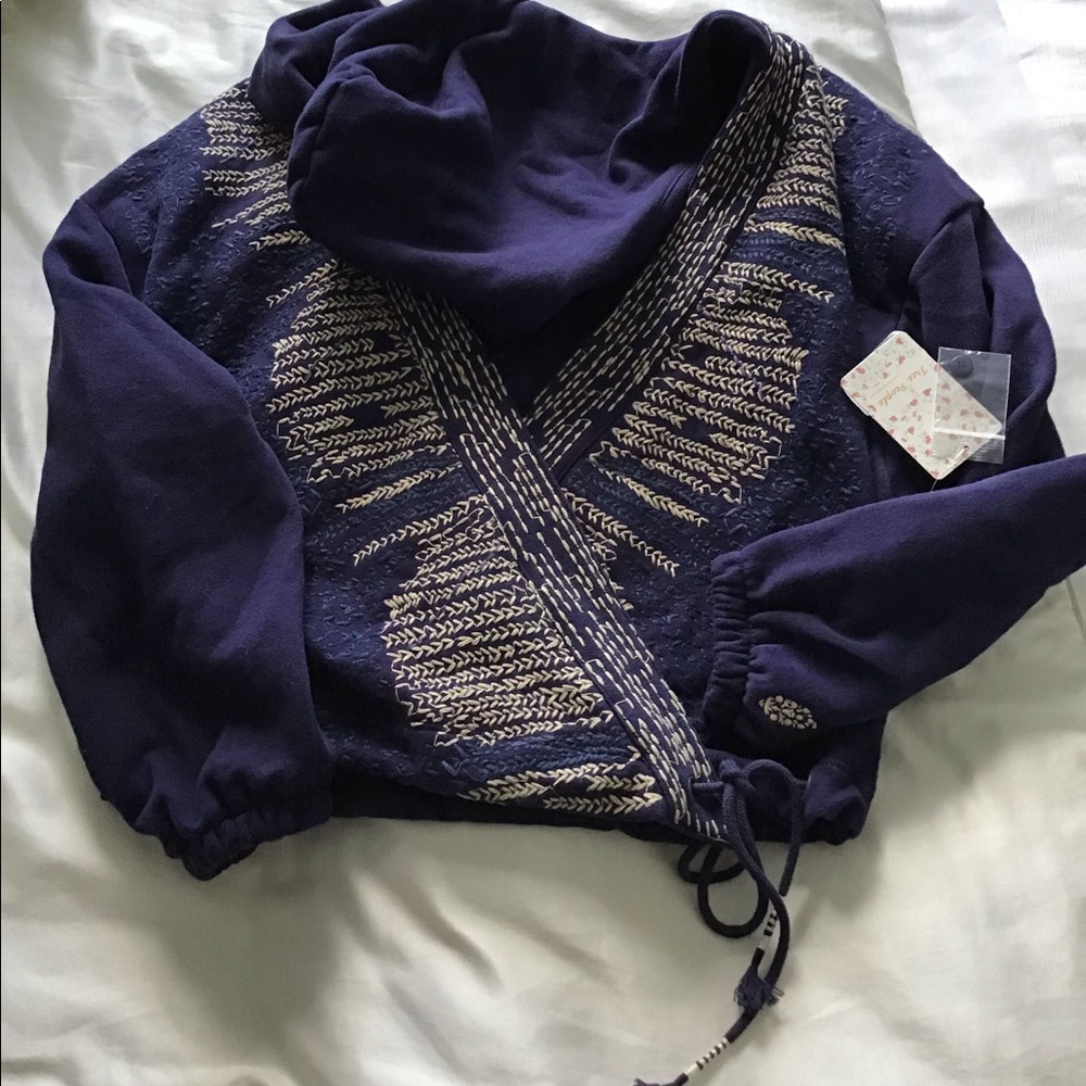 NWT Free People Blue Embroidered Wrap Sweatshirt